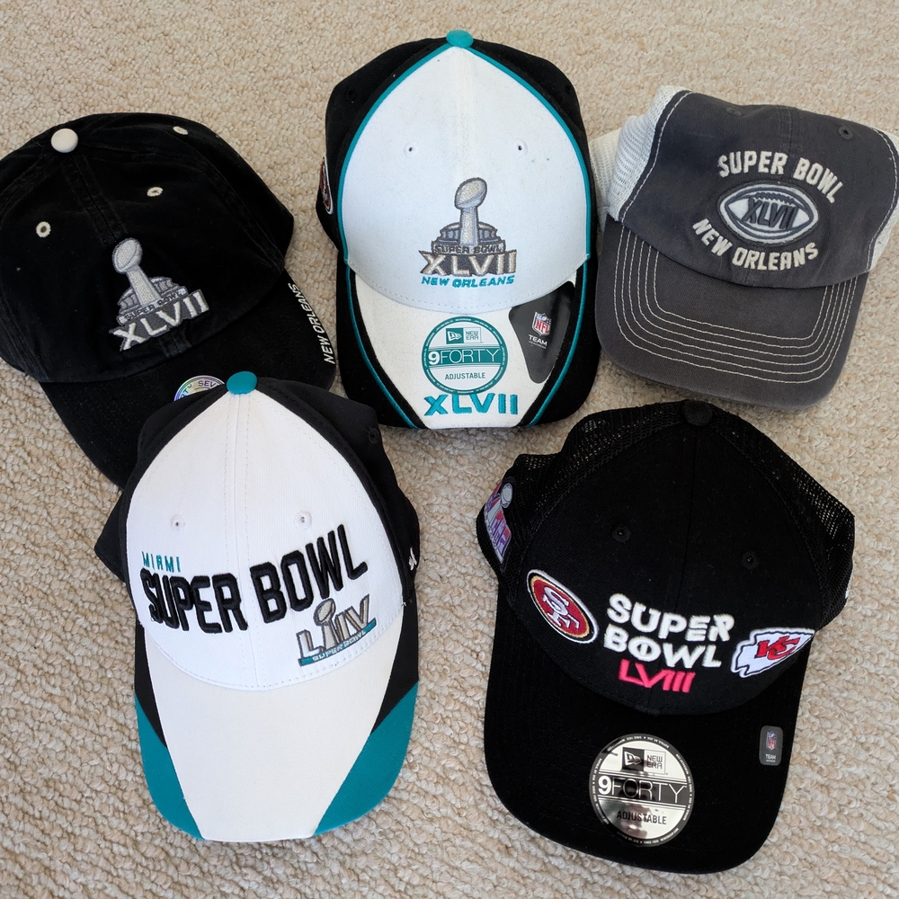San Francisco 49ers Super Bowl hats featuring SB LVIII Vegas, LIV Miami, XLVII